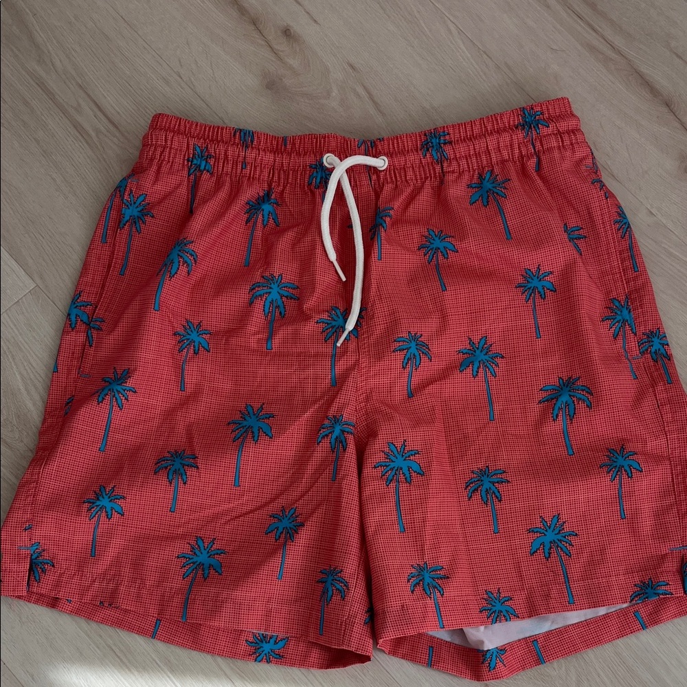 Men's Orange Palm-Print Swim Trunks with Blue Accents